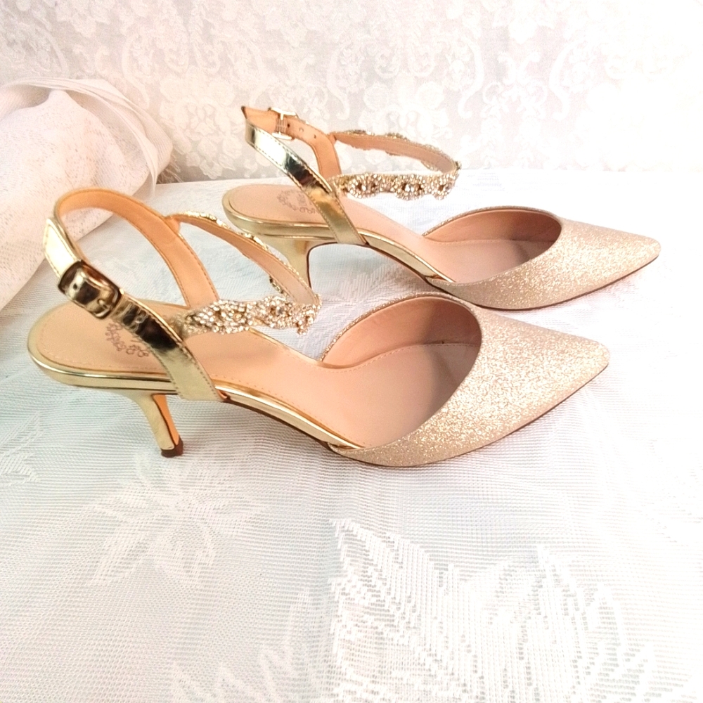 I Miller gold glitter with rhinestone ankle strap and 3 inch heels dressy shoes